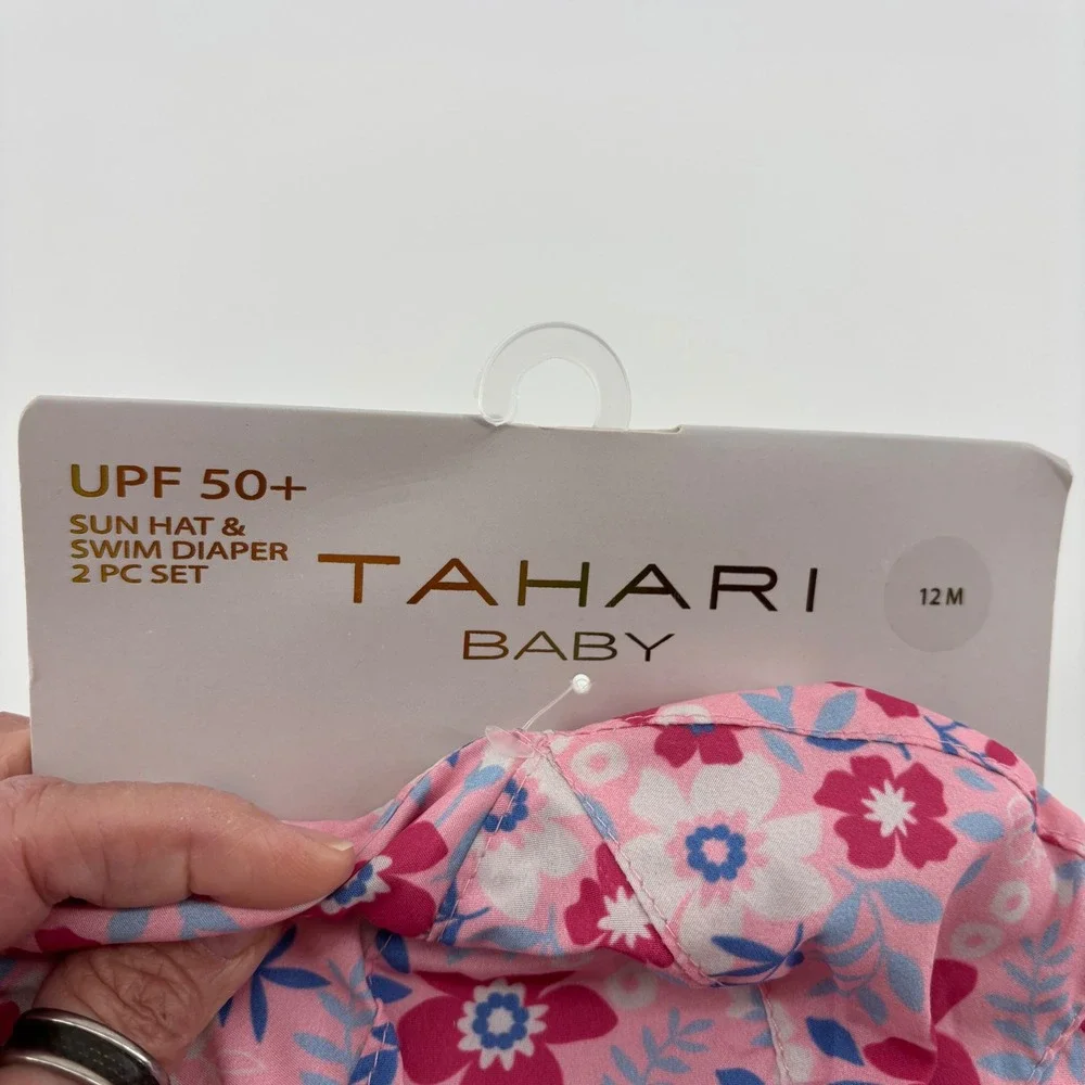 Tahari Sun Hat & Swim Diaper‎ Set Baby 12M Pink Floral NWT UPF 50+ Ruffle 2pc